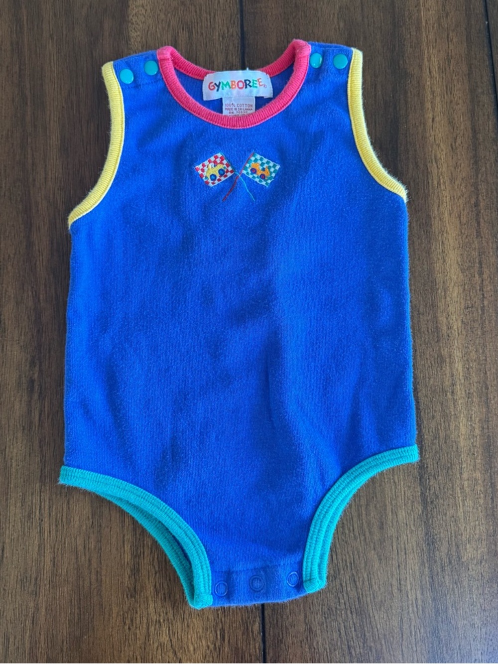 Gymboree Vintage 90s Baby Romper Embroidered Checkered‎ Flag Race Car Sz Infant
